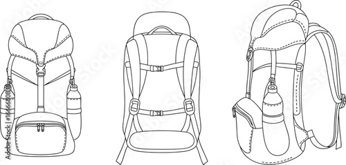 Backpack technical flat sketch, front, back, and side view detailed vector illustration, outdoor hiking bag design template, travel gear accessory drawing