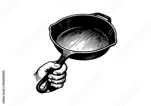 Cast iron skillet hand drawn vector illustration