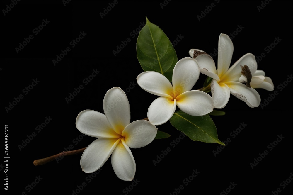 Fototapeta premium Isolated white tropical frangipani blossoms on a dark background with ample room for text. Spa and relaxation theme featuring exotic floral design. Blooming plumeria branch from a tropical region.