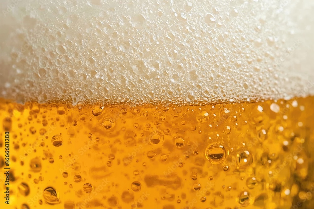 Detailed macro shot of beer foam and bubbles in a glass from a low side perspective Detailed macro shot of beer foam and bubbles in a glass from a low side perspective