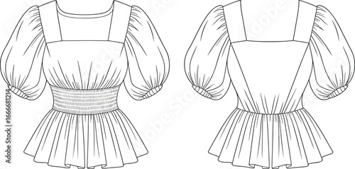 Vector fashion illustration of women puff sleeve top with square neckline, shirred waist, gathered hem, elegant blouse design front and back view