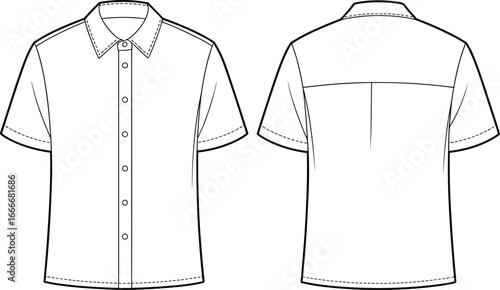 Vector illustration of men’s short sleeve button-up shirt, front and back view clothing flat sketch template for casual fashion apparel design