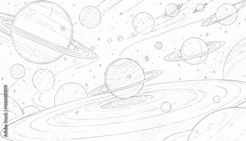 Coloring book page of a cosmic scene featuring multiple planets and swirling galaxies
