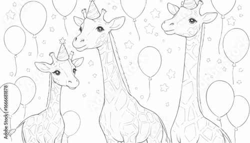 Coloring book page of adorable giraffes wearing party hats among balloons and stars