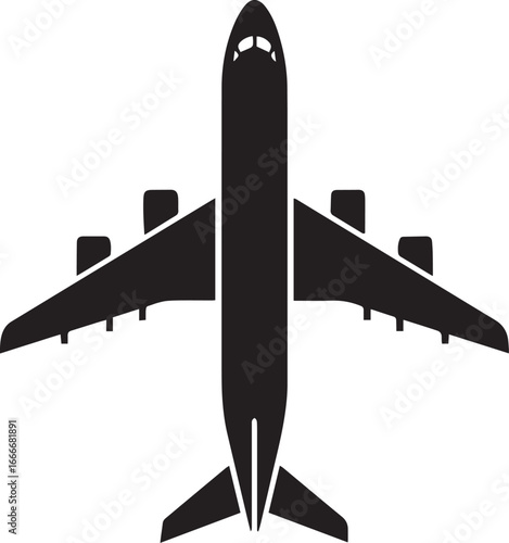 Top view silhouette of a commercial airplane isolated on white background