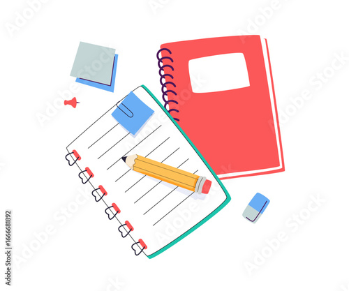 Different stationary set. Notebooks, jotting and notepads, memo pads, planners, organizers for making writing notes