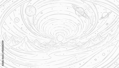 Coloring book page with abstract cosmic landscape and planets, line art styl