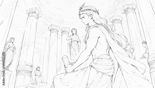 Coloring page of a graceful goddess in an ancient temple, surrounded by statues, line art illustration