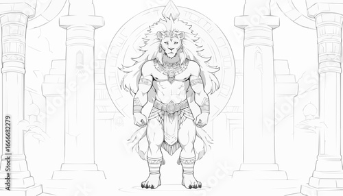 Coloring page of a powerful lion warrior character in a fantasy setting, line art illustration
