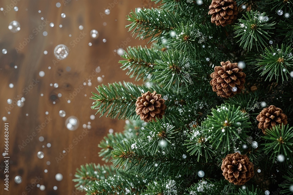 Fototapeta premium Festive pine tree adorned with cones and snow against a rustic wooden backdrop, focused area with space for text. Toned