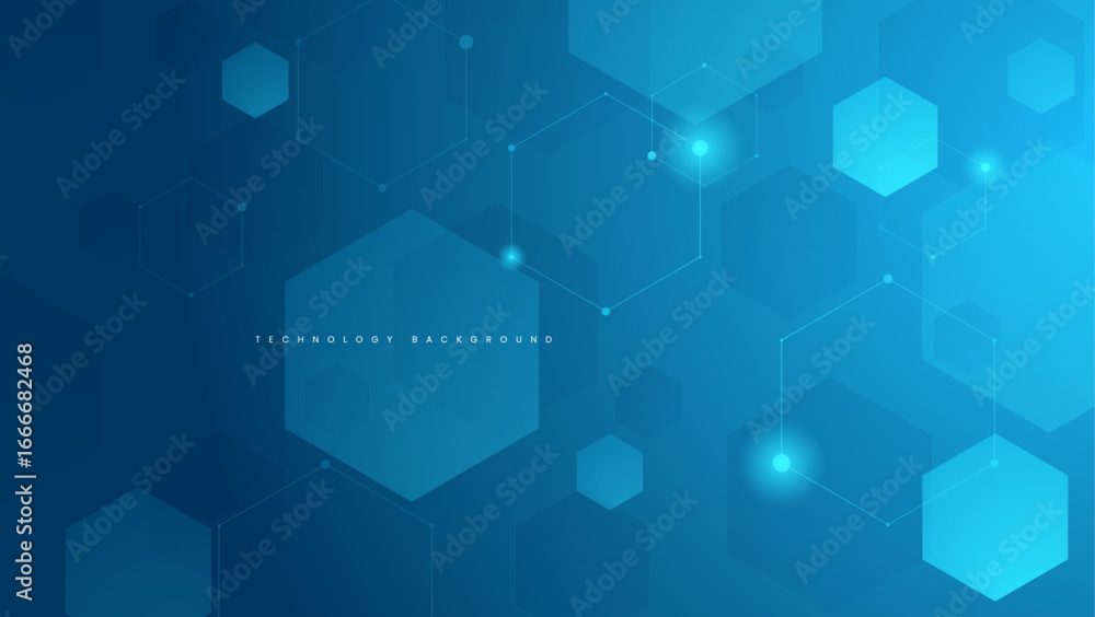 Fototapeta premium Blue technology background with glowing hexagons and connecting lines.