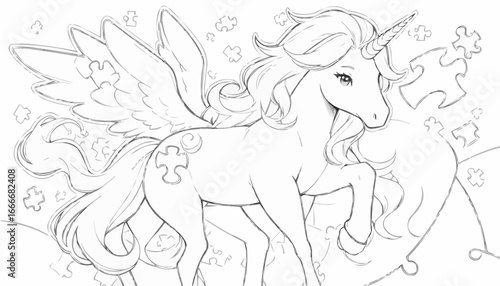 Magical unicorn with wings coloring page, enchanting mood, walking among puzzle pieces.