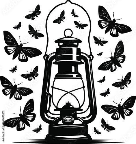 Silhouette Old-fashioned lantern with moths , butterflies flying around it