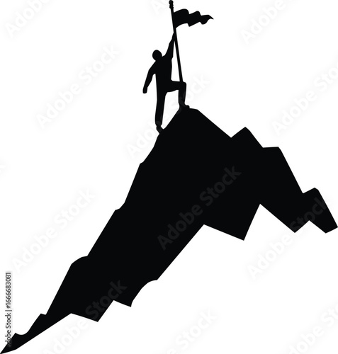 Silhouette of mountain climber planting a flag on a peak