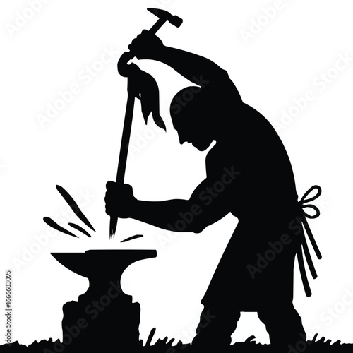 Silhouette of a blacksmith hammering on an anvil