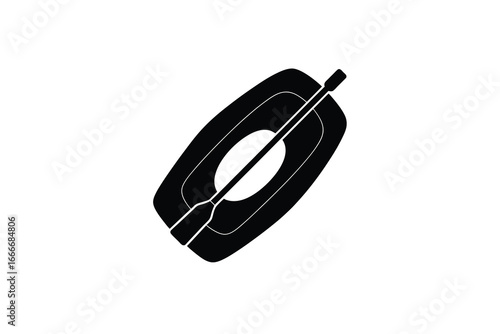 A black and white illustration of a canoe paddle and kayak from above silhouette