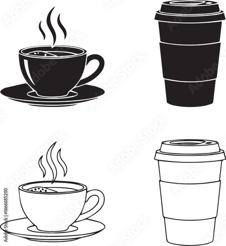 Set of coffee cups and takeaway cups, isolated on white background