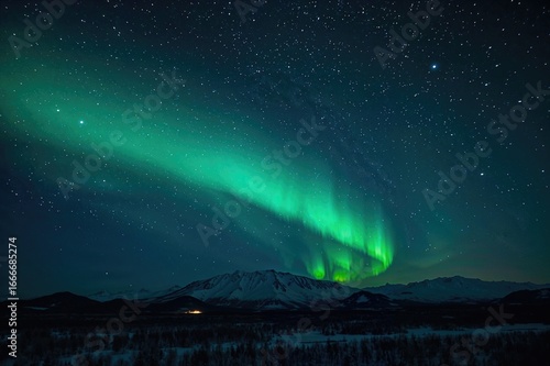 Wallpaper Mural Winter mountain landscape under a star-filled sky illuminated by green northern lights. Torontodigital.ca