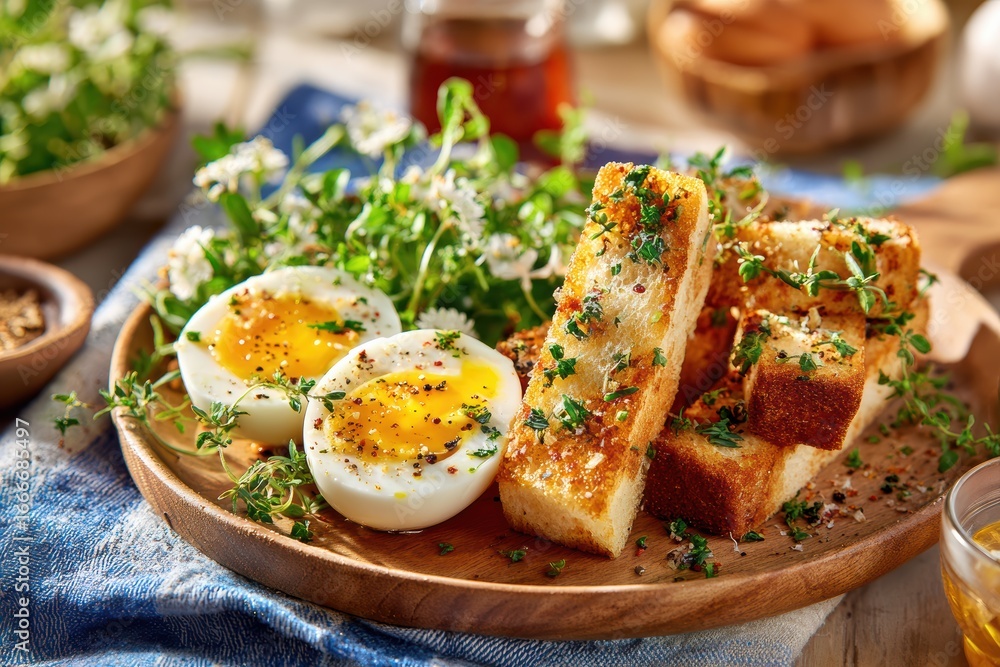 Delicious Soft Boiled Eggs with Crispy Toast Sticks and Fresh Herbs Served on a Rustic Wooden Plate Perfect for Breakfast or Brunch Delicious Soft Boiled Eggs with Crispy Toast Sticks and Fresh Herbs Served on a Rustic Wooden Plate Perfect for Breakfast or Brunch