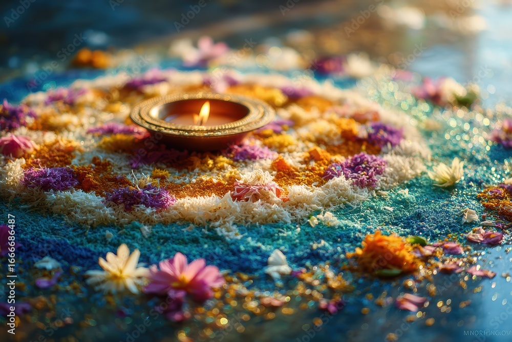 Obraz premium Brightly Colored Rangoli Design with Diya in the Center Surrounded by Floral Accents and Glittery Rice for a Festive Celebration Setting