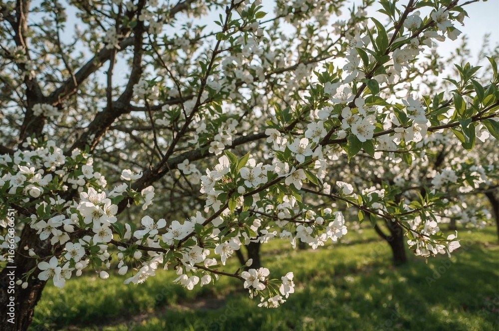 White blossoms cover the fruit tree during its pollination phase White blossoms cover the fruit tree during its pollination phase