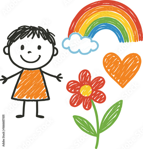 Cute kid scribble line flower, heart. rainbow background. Hand drawn doodle sketch childish element set
