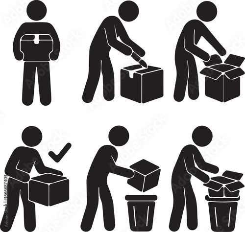 Man opening and unboxing a box. Stick figure pictogram depicts a man carrying, cutting, opening, checking, and throwing away the box.