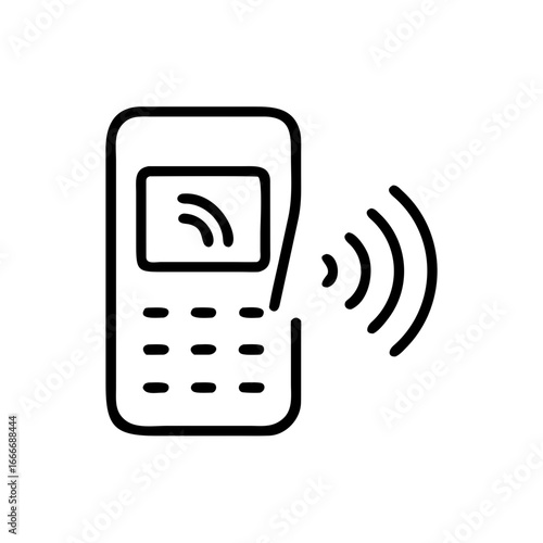 Illustration of a black outline telephone with antenna and keypad emitting a wifi signal icon design