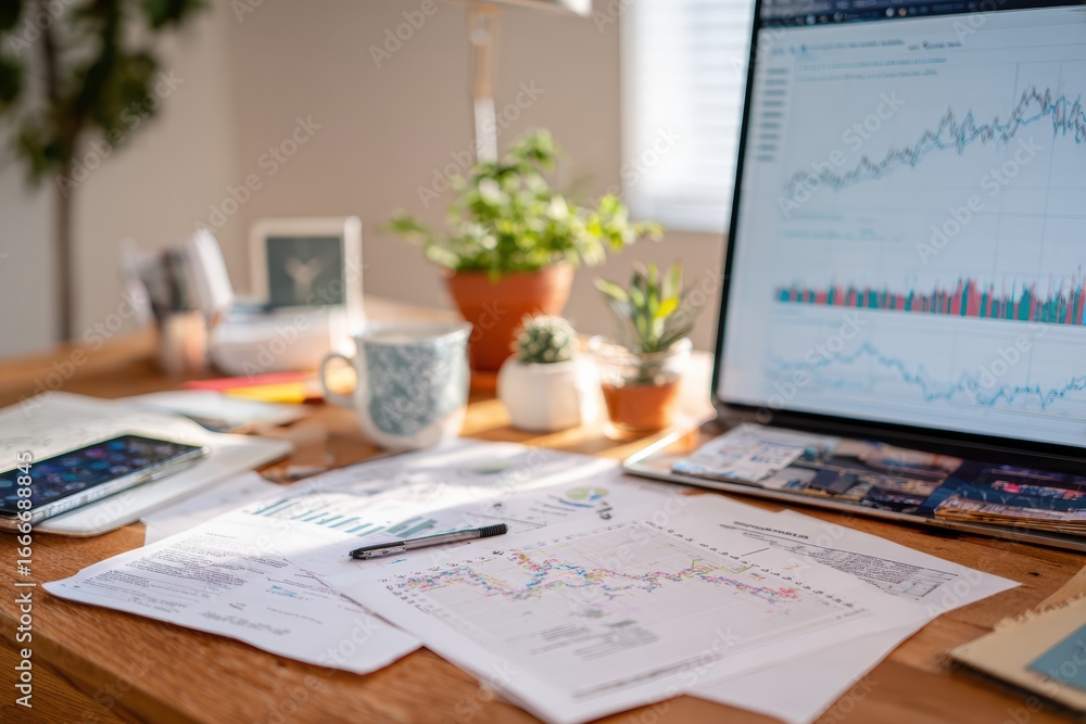 Obraz premium Detailed Analysis of Financial Data with Charts, Graphs, and Documents on a Wooden Desk Surrounded by Plants and Office Supplies in a Bright Workspace