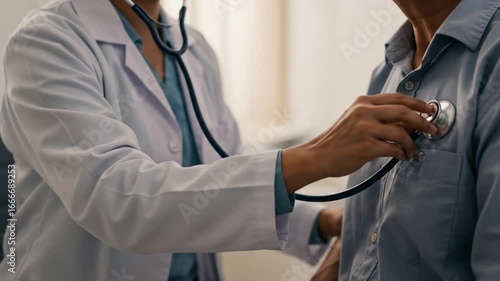 Examining Patient Doctor Using Stethoscope for Routine Checkup Indoor