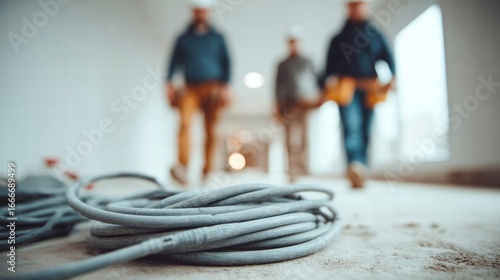 Construction crew working inside a building during a renovation with electrical cables.