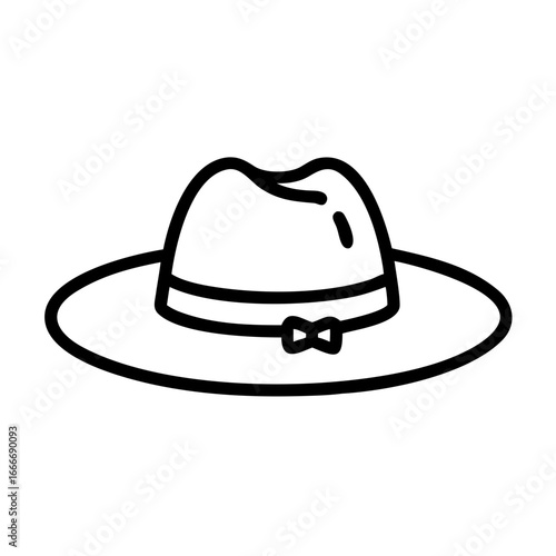 Illustration of a classic fedora hat with a brim and a decorative bow tie in a simple outline style
