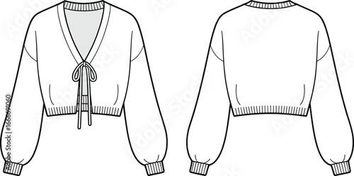 Front and back view of a cropped knitted cardigan featuring voluminous balloon sleeves, a V-neckline, and a tie-front closure, presented as a fashion illustration