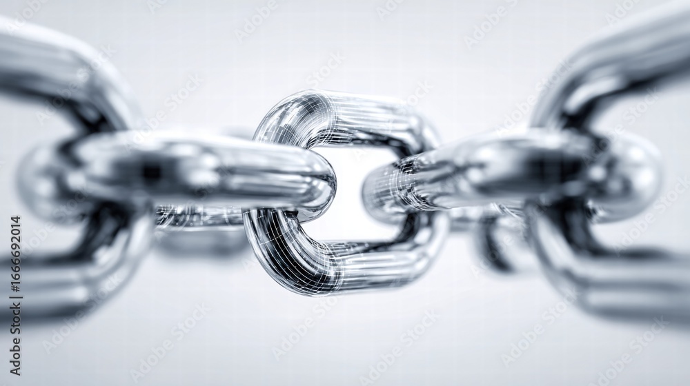 Obraz premium A detailed close-up showcases a shiny metal chain, emphasizing strength and connection in a bright setting.