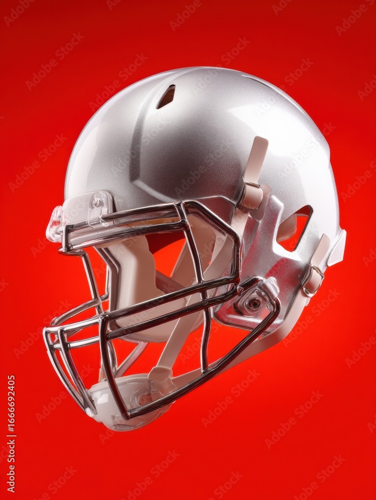 Fototapeta premium Silver Football Helmet Against a Red Background With Detailed Features Visible for Sports Enthusiasts and Designers