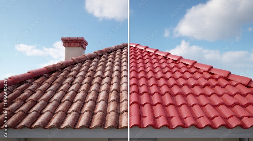 Fototapeta premium Dramatic before and after view of a red tile roof undergoing restoration.