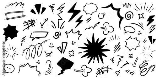 Set of black and white comic book action elements. Hand drawn doodle collection of speech bubbles, explosions, and lightning bolts for manga or pop art design.