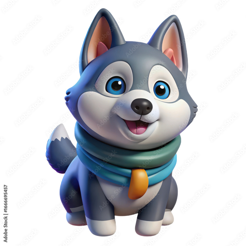 Fototapeta premium Adorable 3d cartoon husky dog with vibrant scarf cute and playful art transparent background