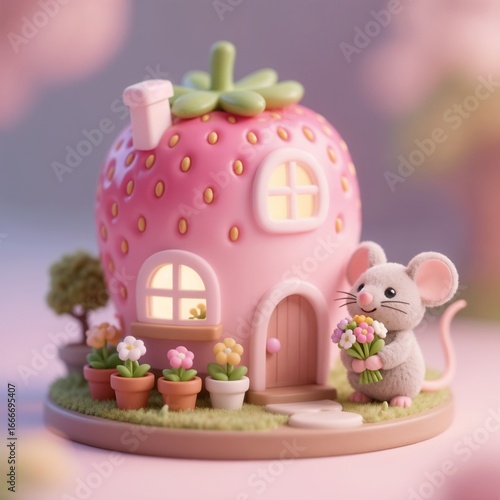 イチゴの3Dミニチュアハウス、鉢植えの花とカワイイスタイルのふわふわの小さなネズミキャラクターが花束を持つデザイン