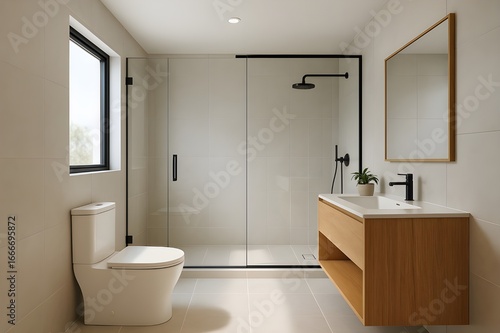 Modern Minimalist Bathroom with Glass Shower Wooden Accents and Natural Lighting