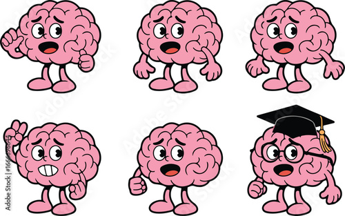 Six cartoon brain characters display varied emotions and gestures on a clean white background