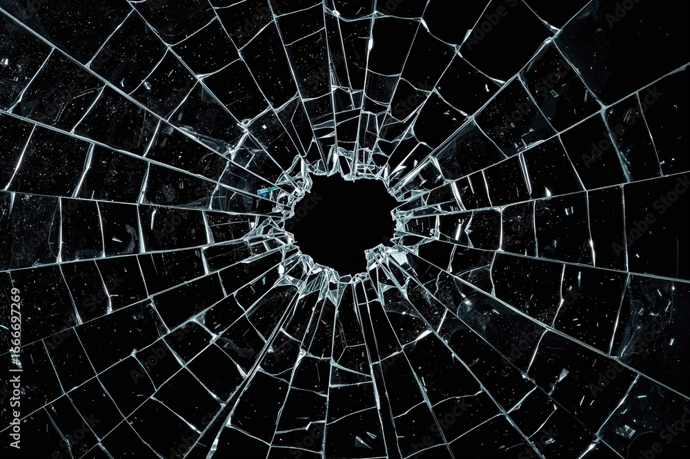 Fototapeta premium A shattered glass mirror with cracks against a dark backdrop
