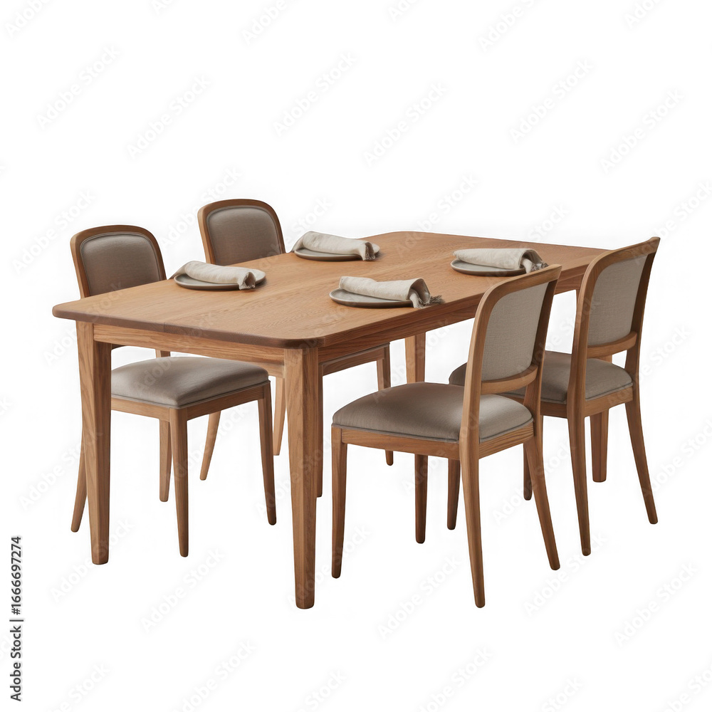 Fototapeta premium European oak dining table with 4 chairs, isolated, white background.
