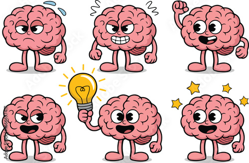 Cartoon brain character shows different emotions with the light bulb isolated on a white background