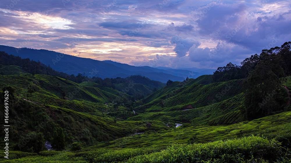 Fototapeta premium Lush tea plantations cascade down rolling hills at sunset.