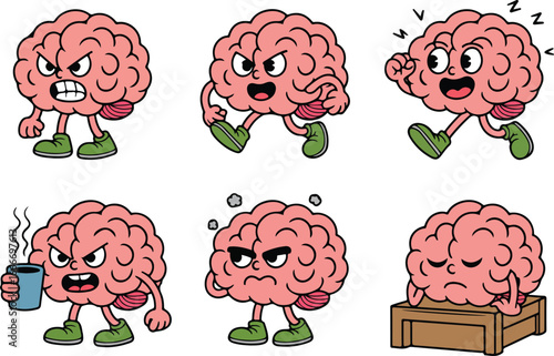 Cartoon brain showcases emotions including anger, alertness, fatigue, frustration and sleepiness against white