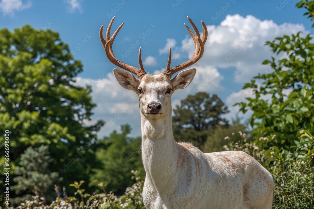 Fototapeta premium A pale male Red Deer standing in a wildlife reserve.