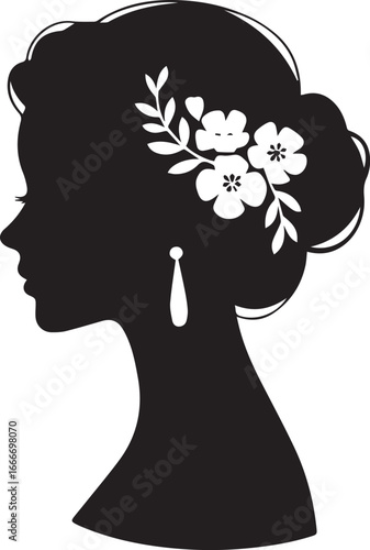 Elegant woman's silhouette features floral hair adornment and teardrop earring on transparent background