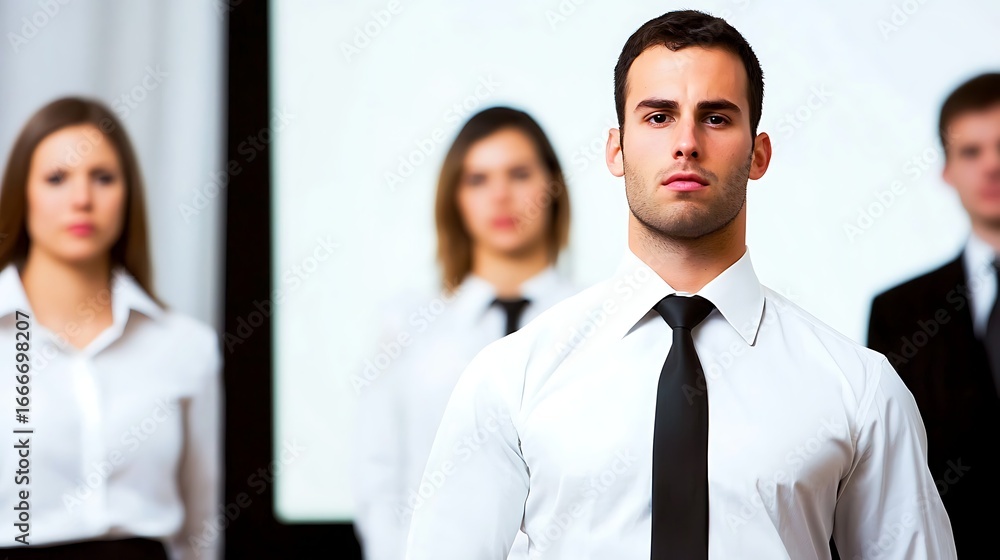 Focused frame on one team member presenting in front of large screen, shot with 85mm lens, shallow depth of field softly blurring colleagues in background under daylight Focused frame on one team member presenting in front of large screen, shot with 85mm lens, shallow depth of field softly blurring colleagues in background under daylight