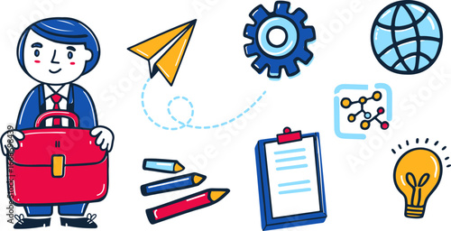 Boy in business suit of head of scientific company holds briefcase folder documents. School board graphs chemical formula graphs, gear pencil, light bulb, interesting project idea diploma presentation